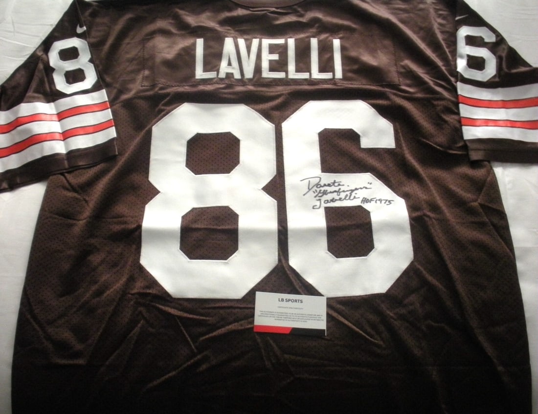 Nike Cleveland Browns Jersey Autographed by Dante Lavelli With Certificate of Authenticity: Nike Cleveland Browns Jersey Autographed by Dante Lavelli With Certificate of Authenticity This is an officially licensed Nike Cleveland Browns jersey signed by Dante Lavelli. The jersey is an origina