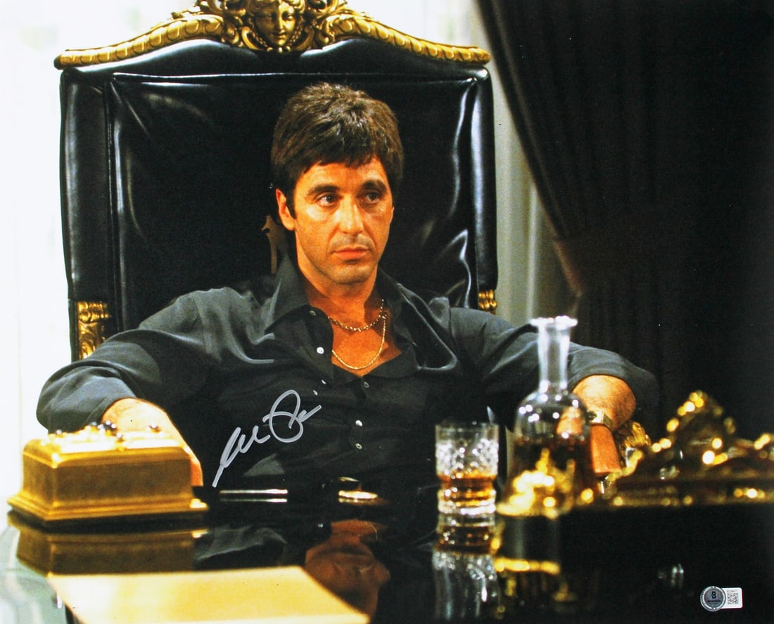 Beckett authenticated Al Pacino Scarface signed 16x20 horizontal photo: Beckett authenticated Al Pacino Scarface signed 16x20 horizontal photo This is a 16x20 inch horizontal photograph featuring Al Pacino in his iconic role from Scarface. The photo has been personally si