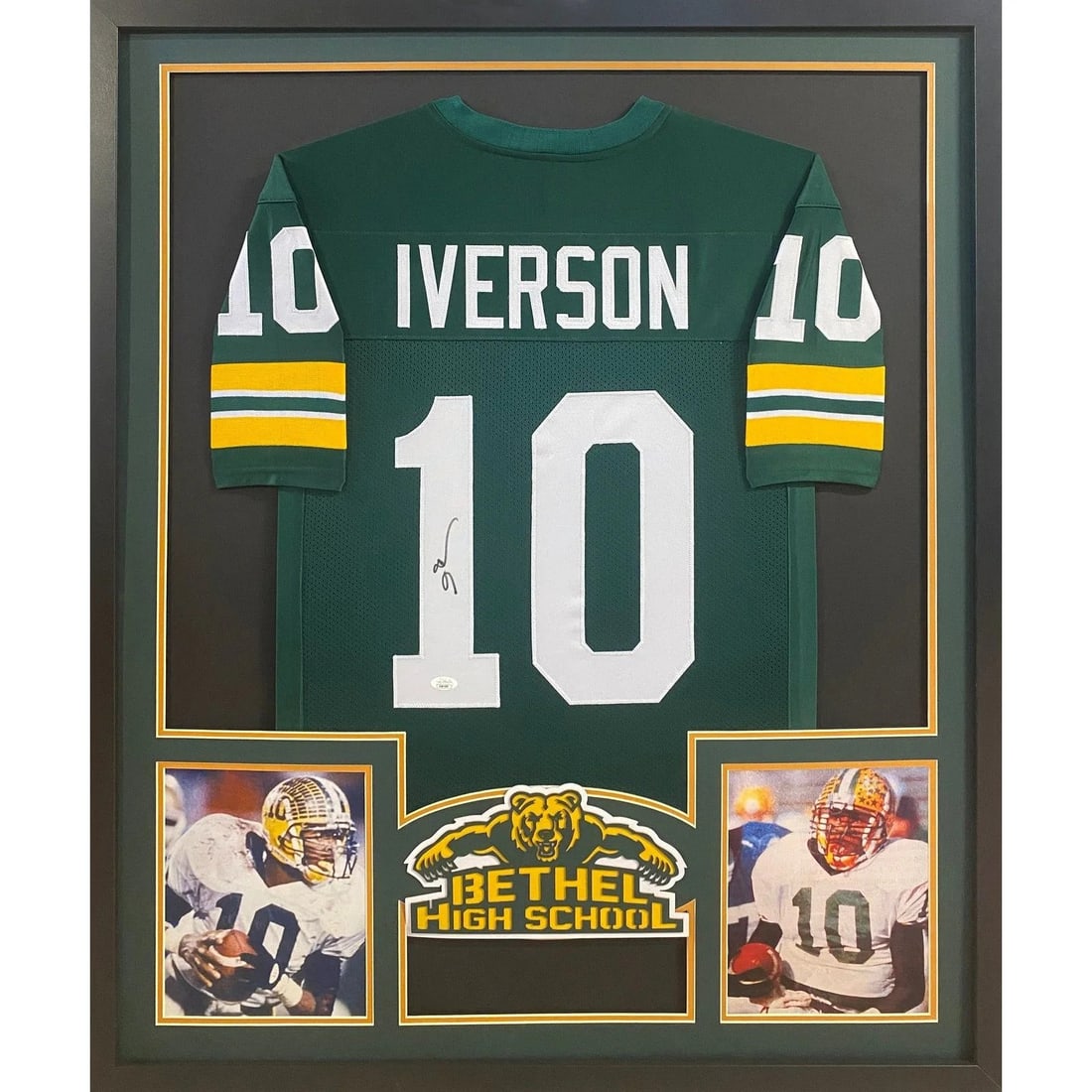 Framed Bethel High School Allen Iverson Autographed Jersey with JSA Authentication: Framed Bethel High School Allen Iverson Autographed Jersey with JSA Authentication This framed football jersey is autographed by Allen Iverson and represents Bethel High School. The signature is authe