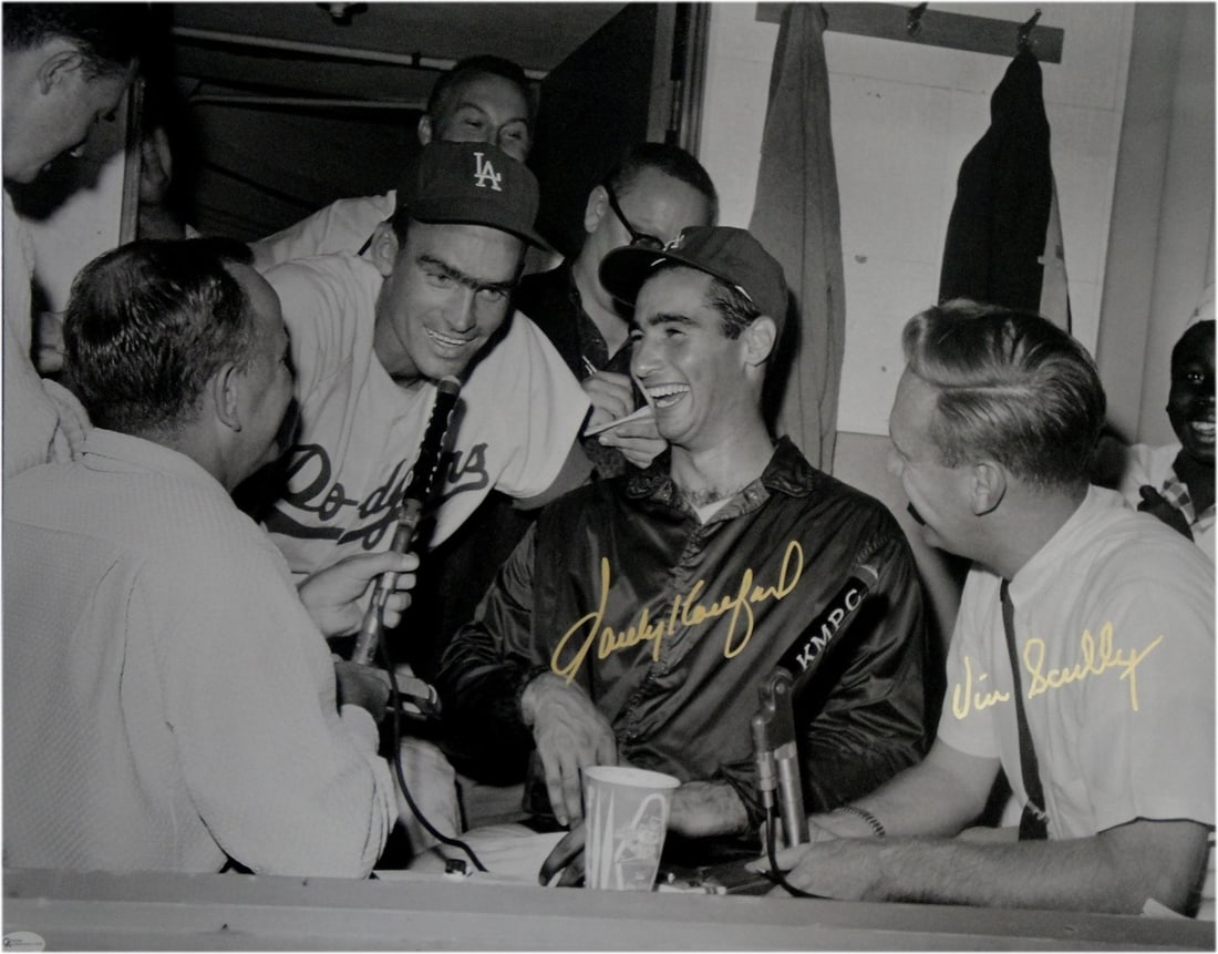 Vin Scully Sandy Koufax Dual Signed 16x20 Photo LA Dodgers Certified: Vin Scully Sandy Koufax Dual Signed 16x20 Photo LA Dodgers Certified This stunning 16x20 photo features the legendary signatures of Vin Scully and Sandy Koufax, both iconic figures in Los Angeles Dodg