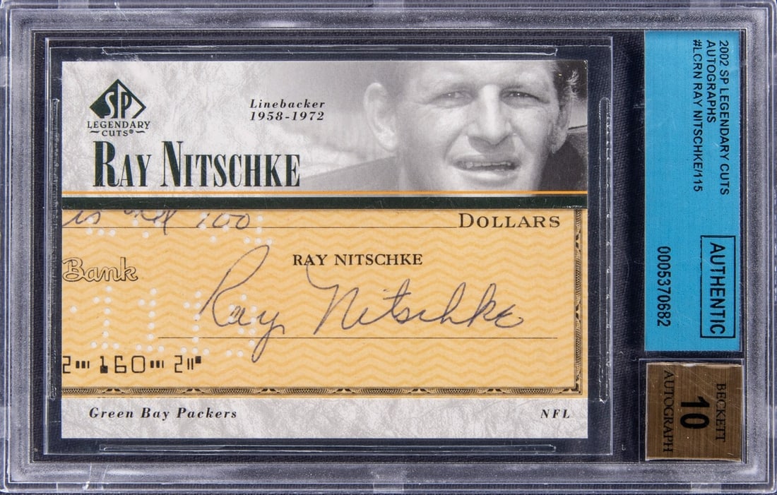 2002 Upper Deck SP Legendary Cuts Ray Nitschke Auto 10 Limited 115 BGS Authentic: 2002 Upper Deck SP Legendary Cuts Ray Nitschke Auto 10 Limited 115 BGS Authentic Celebrate the legacy of Hall of Famer Ray Nitschke with this exceptional 2002 Upper Deck SP Legendary Cuts Autographs c