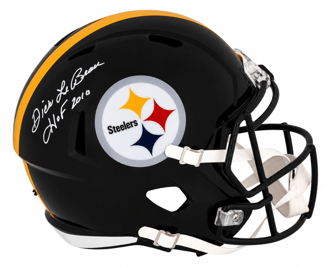 Pittsburgh Steelers Riddell Speed Replica Helmet signed by Dick LeBeau HOF 2010: Pittsburgh Steelers Riddell Speed Replica Helmet signed by Dick LeBeau HOF 2010 Pre-owned Riddell full size speed replica helmet signed by Dick LeBeau and inscribed "HOF 2010." This Pittsburgh Steeler