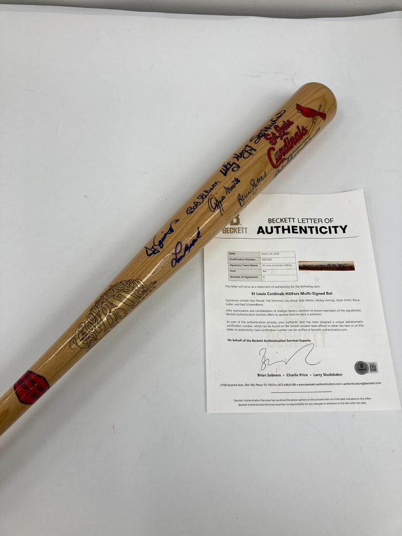 8 Signature Cardinals Hall of Famers Cooperstown Bat Beckett BAS LOA: 8 Signature Cardinals Hall of Famers Cooperstown Bat Beckett BAS LOA This is a St. Louis Cardinals Hall of Famers signed Cooperstown bat featuring 8 signatures, including Stan Musial, Ted Simmons, Lou