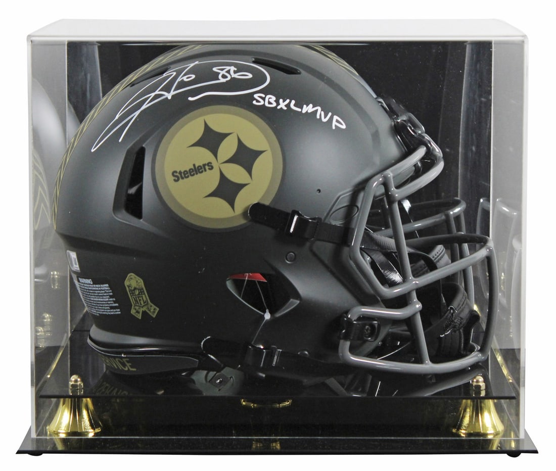 Hines Ward signed Steelers Salute To Service Speed Proline helmet with case BAS: Hines Ward signed Steelers Salute To Service Speed Proline helmet with case BAS Autographed full-size Speed Proline helmet featuring a Salute to Service IV design and "SB MVP" inscription, personally 