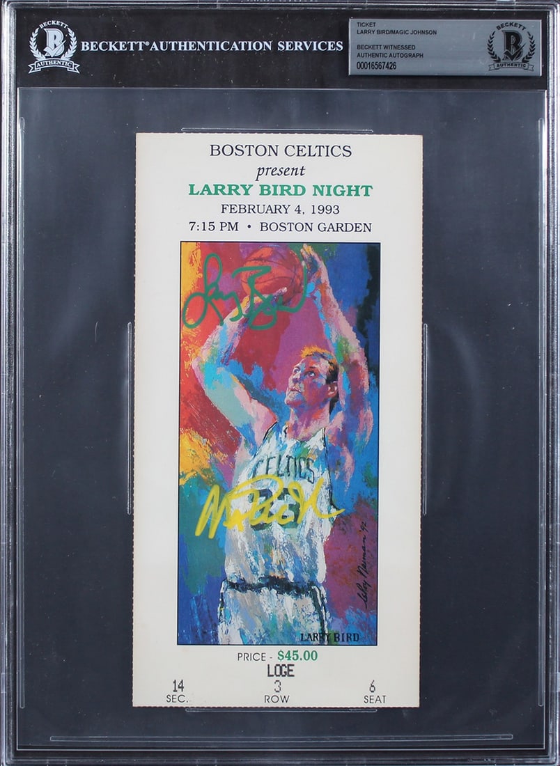 Beckett slabbed Larry Bird Night ticket stub signed by Bird and Magic Johnson: Beckett slabbed Larry Bird Night ticket stub signed by Bird and Magic Johnson This is an original ticket stub from Larry Bird Night on February 4, 1993, personally signed by both Larry Bird and Magic 