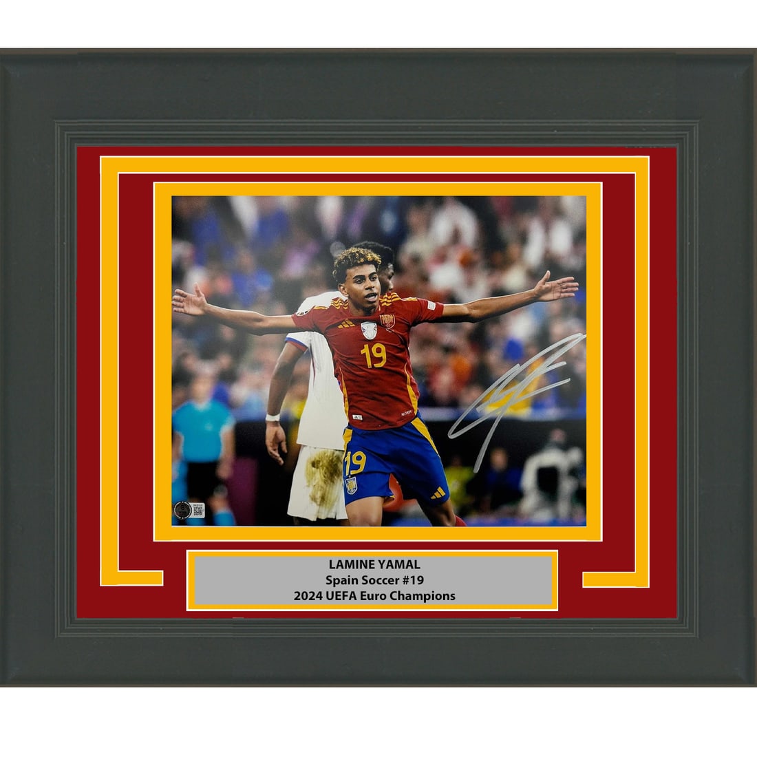Lamine Yamal Signed Spain World Cup 11x14 Framed Photo Beckett COA: Lamine Yamal Signed Spain World Cup 11x14 Framed Photo Beckett COA This professionally framed and matted 11x14 photo features the authentic signature of Lamine Yamal from the Spain national team, comm