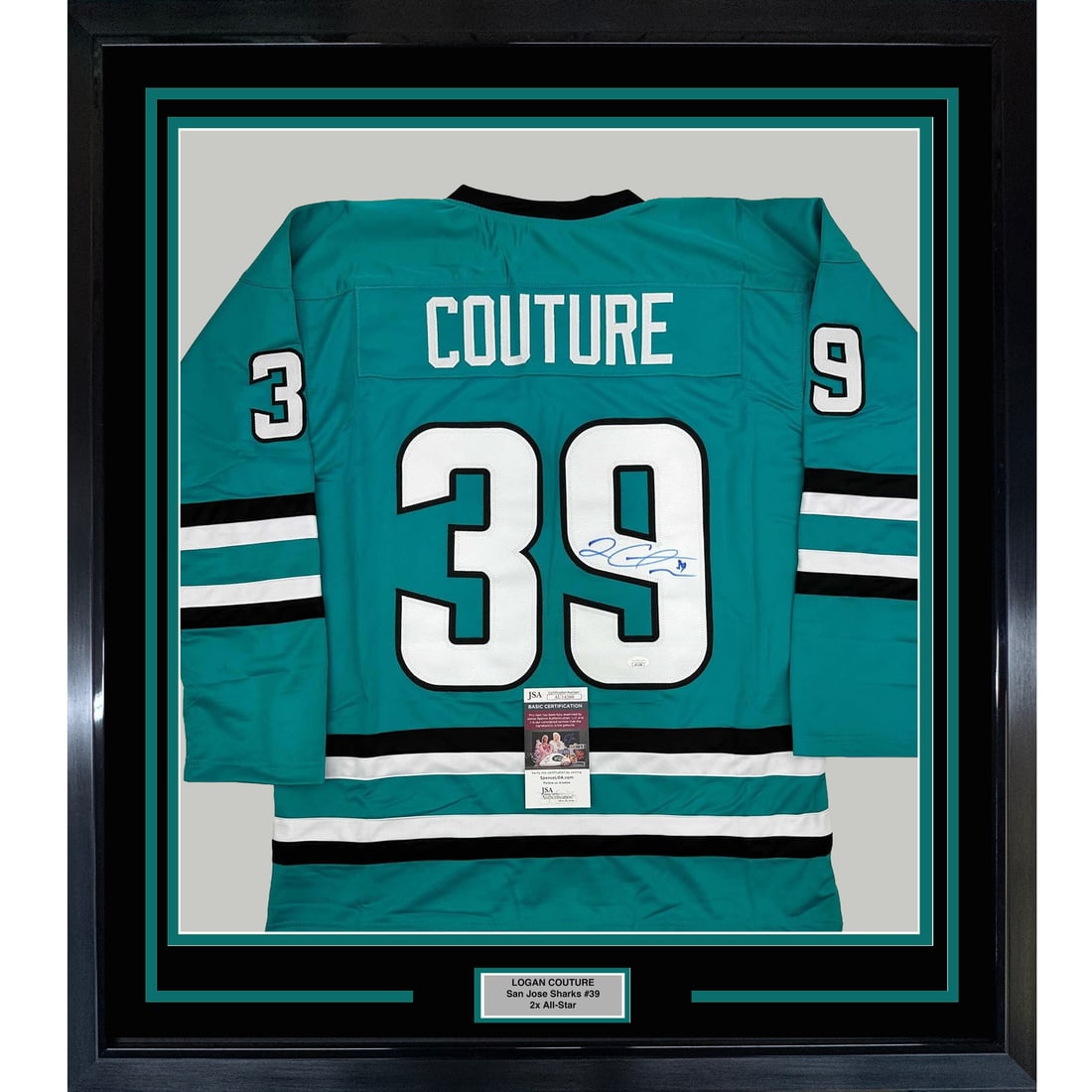 Framed Autographed Logan Couture San Jose Sharks Jersey JSA COA 35x39: Framed Autographed Logan Couture San Jose Sharks Jersey JSA COA 35x39 This professionally framed and matted piece features an autographed Logan Couture teal jersey from the San Jose Sharks, perfect fo