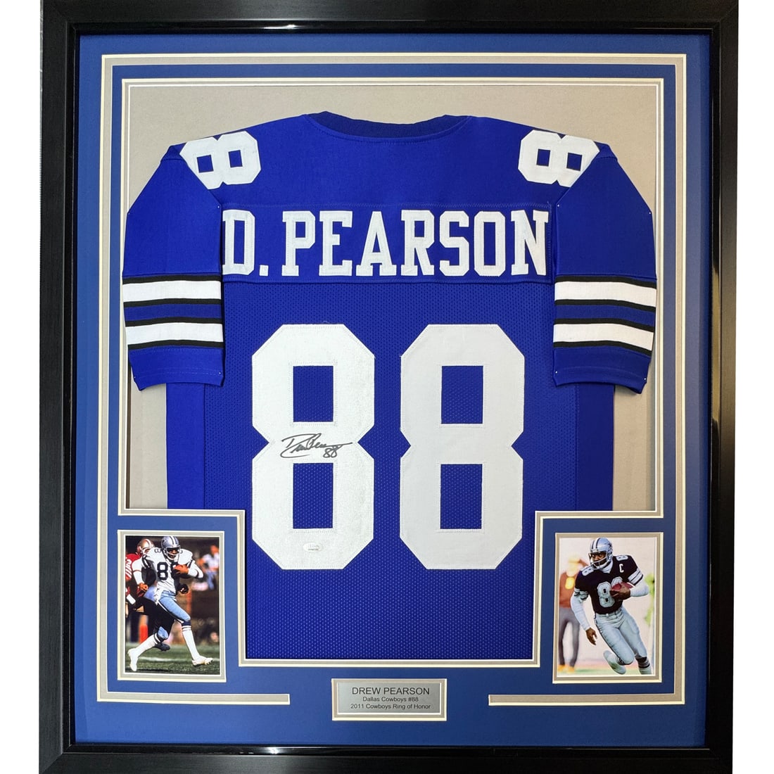 Framed Dallas Cowboys Drew Pearson signed jersey JSA COA 33x42: Framed Dallas Cowboys Drew Pearson signed jersey JSA COA 33x42 This professionally framed and matted Dallas Cowboys blue football jersey features the authentic autograph of Drew Pearson. The display i