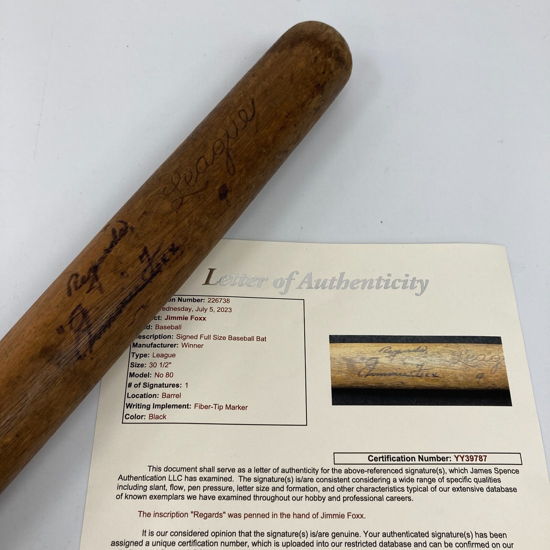 Jimmie Foxx Autographed 1930s Baseball Bat Boston Red Sox JSA LOA: Jimmie Foxx Autographed 1930s Baseball Bat Boston Red Sox JSA LOA This is an original autographed baseball bat signed by Hall of Famer Jimmie Foxx, featuring his inscription "Regards Jimmie Foxx" in b