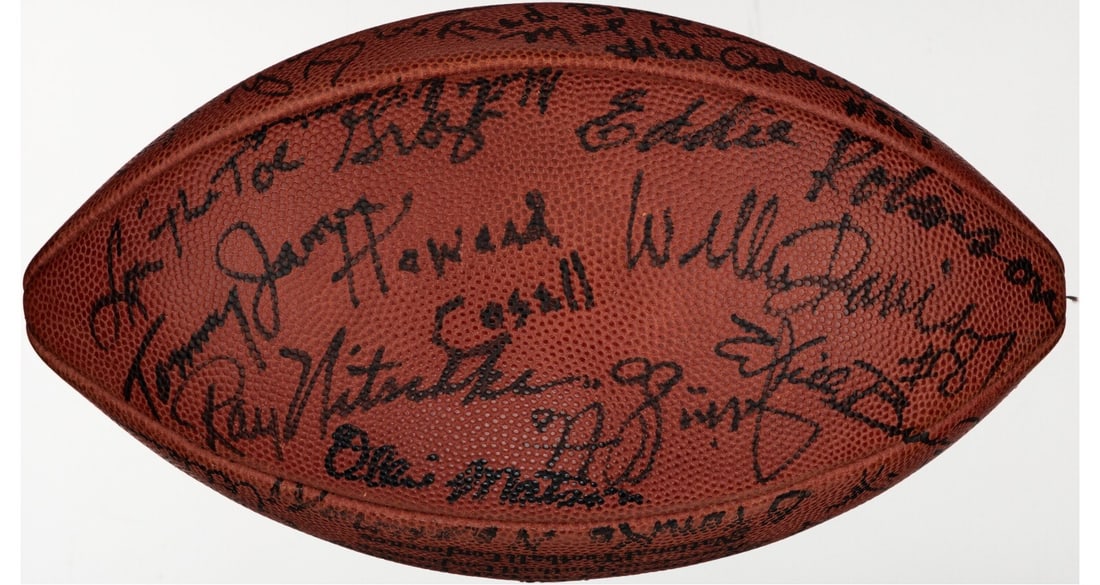 Bronko Nagurski Signed NFL Football with 35 Hall of Fame Autographs Beckett Authenticated: Bronko Nagurski Signed NFL Football with 35 Hall of Fame Autographs Beckett Authenticated Celebrate the legacy of football with this remarkable Bronko Nagurski multi-signed football from the 1970s. Th