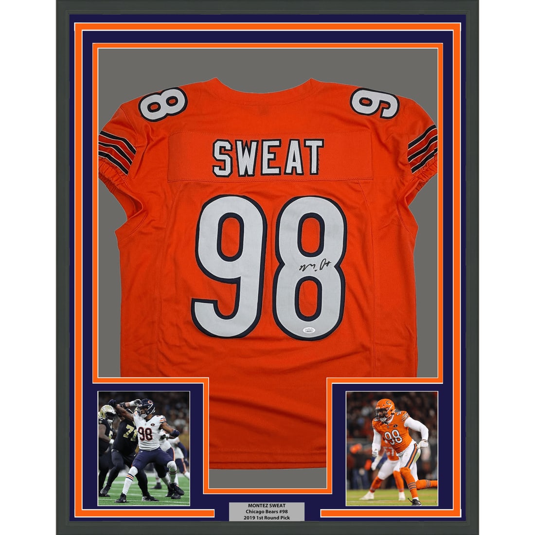 35x39 Framed Montez Sweat Signed Chicago Bears Orange Jersey JSA: 35x39 Framed Montez Sweat Signed Chicago Bears Orange Jersey JSA Professionally framed and matted autographed Montez Sweat Chicago Bears pro cut jersey display. This original signed football collectib