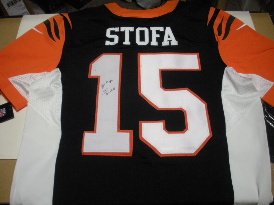 John Stofa Signed Cincinnati Bengals Nike Jersey with COA: John Stofa Signed Cincinnati Bengals Nike Jersey with COA This is an authentic, signed official licensed Nike jersey commemorating John Stofa, featuring the Cincinnati Bengals. The jersey comes with a