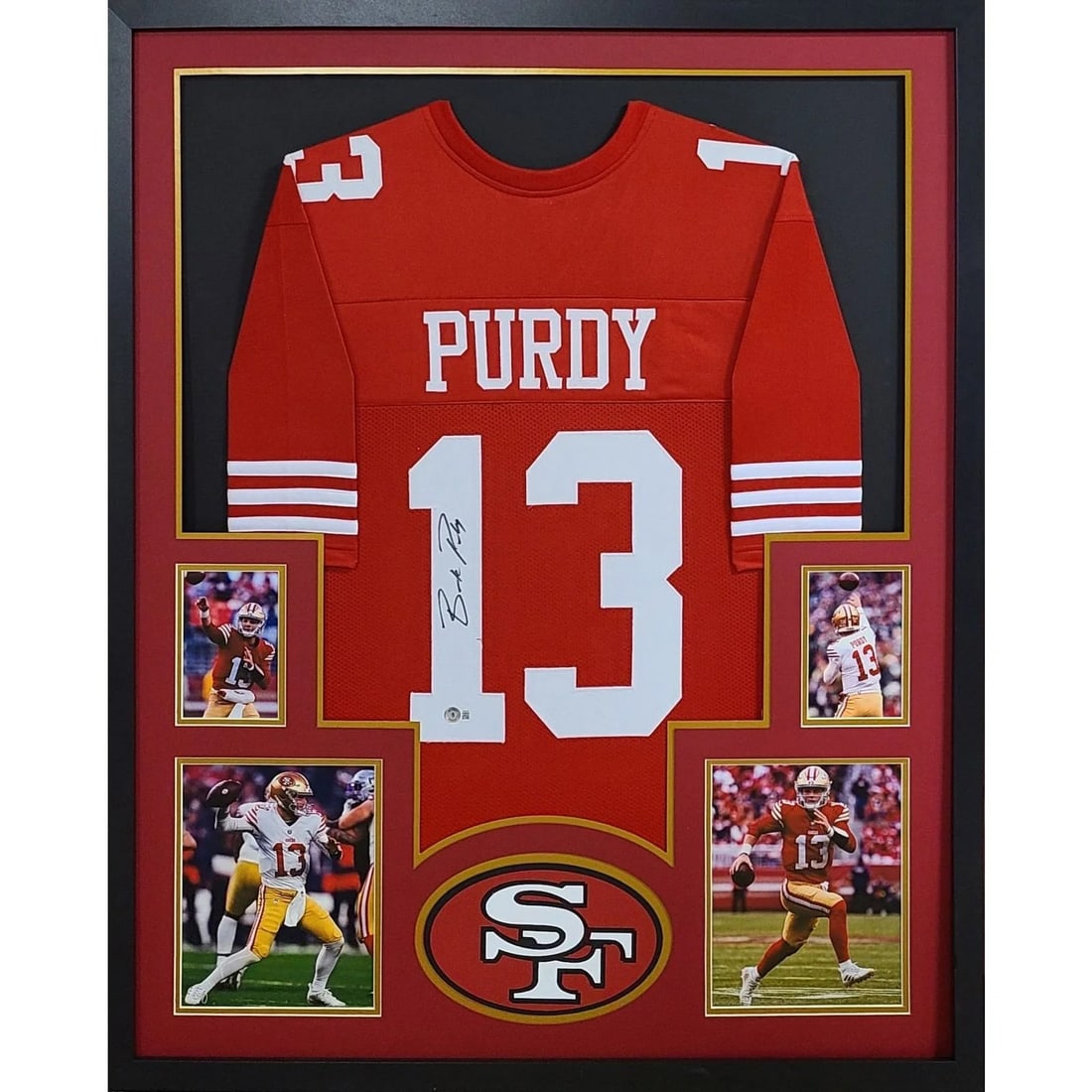 Brock Purdy Autographed Framed Jersey Beckett Certified 49ers: Brock Purdy Autographed Framed Jersey Beckett Certified 49ers This is an autographed framed jersey of Brock Purdy, featuring the San Francisco 49ers logo. The jersey comes with a Beckett authenticatio