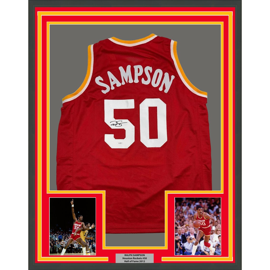 Ralph Sampson Signed Houston Rockets Jersey 35x39 Framed JSA Authenticated: Ralph Sampson Signed Houston Rockets Jersey 35x39 Framed JSA Authenticated This professionally framed display features a red Houston Rockets jersey autographed by Ralph Sampson. The jersey is authenti