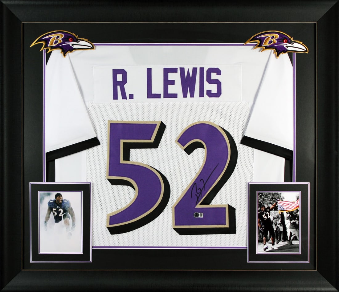 Framed White Pro Style Jersey Signed by Ray Lewis BAS Witness (1 of 2)