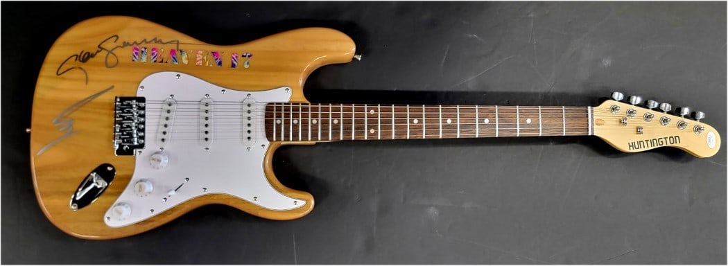 Heaven 17 Huntington Electric Guitar Signed by Glenn Gregory and Martyn Ware JSA Authenticated: Heaven 17 Huntington Electric Guitar Signed by Glenn Gregory and Martyn Ware JSA Authenticated This is an authentic Heaven 17 signed electric guitar featuring the autographs of band members Glen Grego