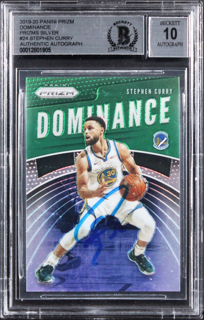 Stephen Curry autographed 2019 Panini Prizm Silver #24 BAS slab: Stephen Curry autographed 2019 Panini Prizm Silver #24 BAS slab This is an original 2019 Panini Prizm Dominance Prizms Silver #24 trading card featuring Stephen Curry of the Golden State Warriors. The