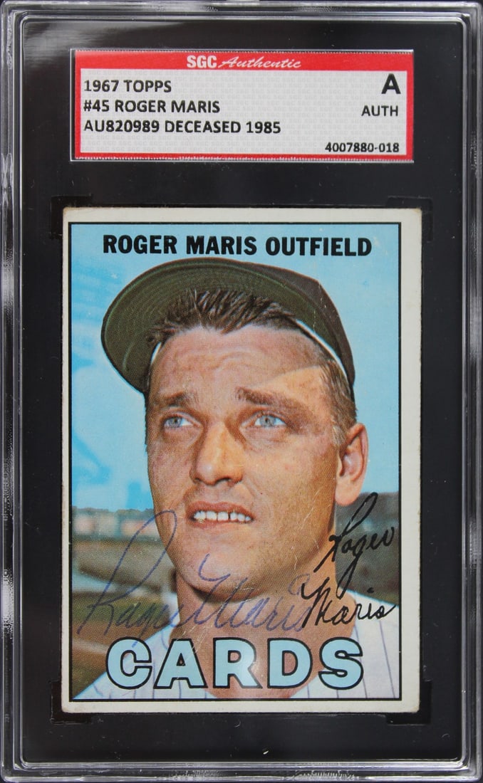 Roger Maris SGC Authentic 1967 Topps #45 Yankees autograph card: Roger Maris SGC Authentic 1967 Topps #45 Yankees autograph card This is an original 1967 Topps #45 baseball card featuring Roger Maris of the New York Yankees, personally signed by Maris. The card has