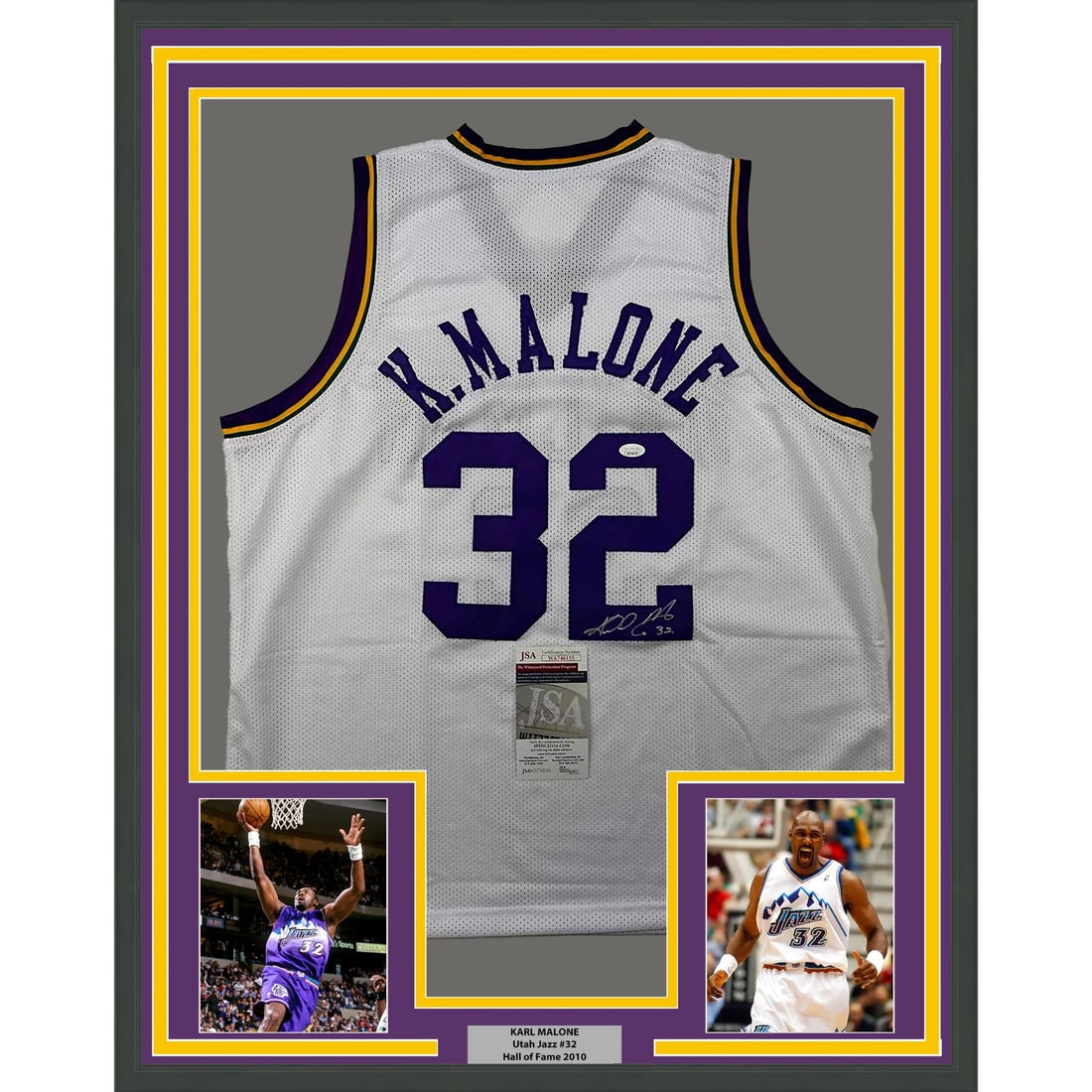 Framed Autographed Karl Malone Utah Jazz Retro Jersey with JSA COA 35x39: Framed Autographed Karl Malone Utah Jazz Retro Jersey with JSA COA 35x39 Celebrate the legendary career of Karl Malone with this professionally framed and autographed Utah Jazz retro basketball jersey