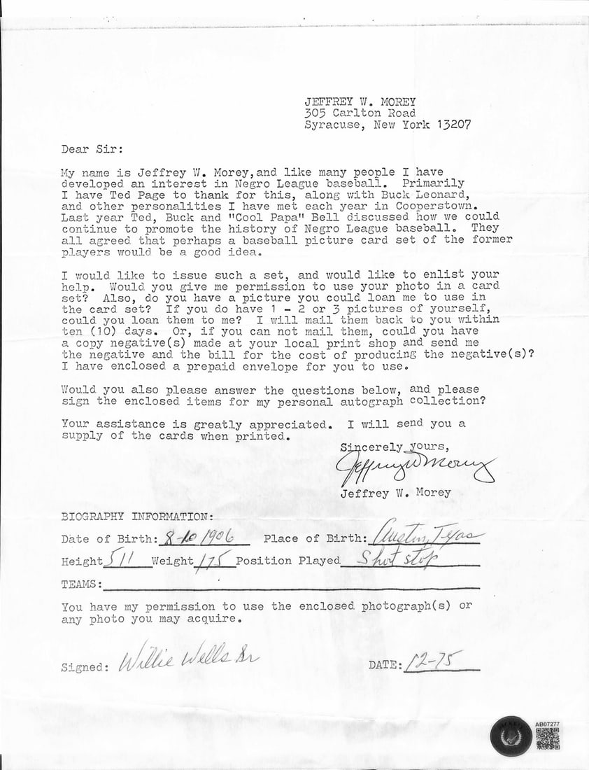 Beckett authenticated Willie Wells signed 1975 questionnaire (1 of 1)