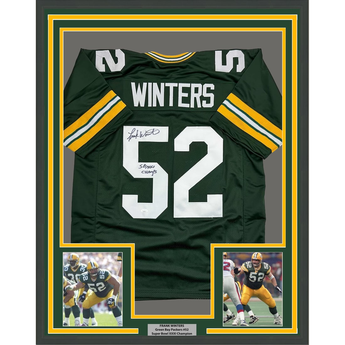 Framed Frank Winters signed Green Bay Packers jersey JSA COA 35x39: Framed Frank Winters signed Green Bay Packers jersey JSA COA 35x39 This professionally framed Green Bay Packers jersey features the authentic autograph of Frank Winters, commemorating Super Bowl XXXI.