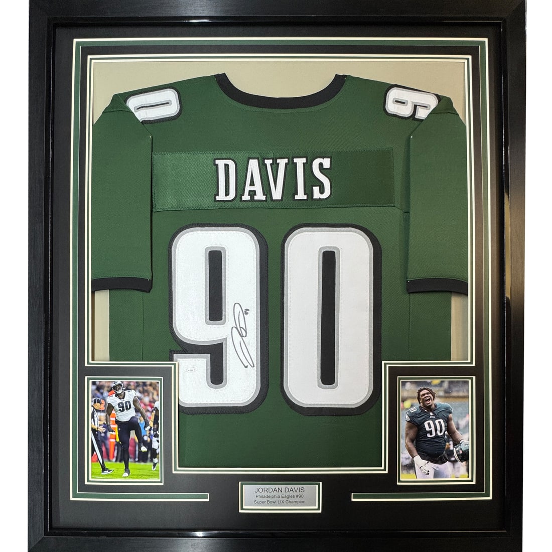 Jordan Davis framed Eagles jersey 35x39 JSA authenticated: Jordan Davis framed Eagles jersey 35x39 JSA authenticated This is a professionally framed and matted Philadelphia Eagles football jersey, autographed by Jordan Davis. The display includes two 5x7 phot