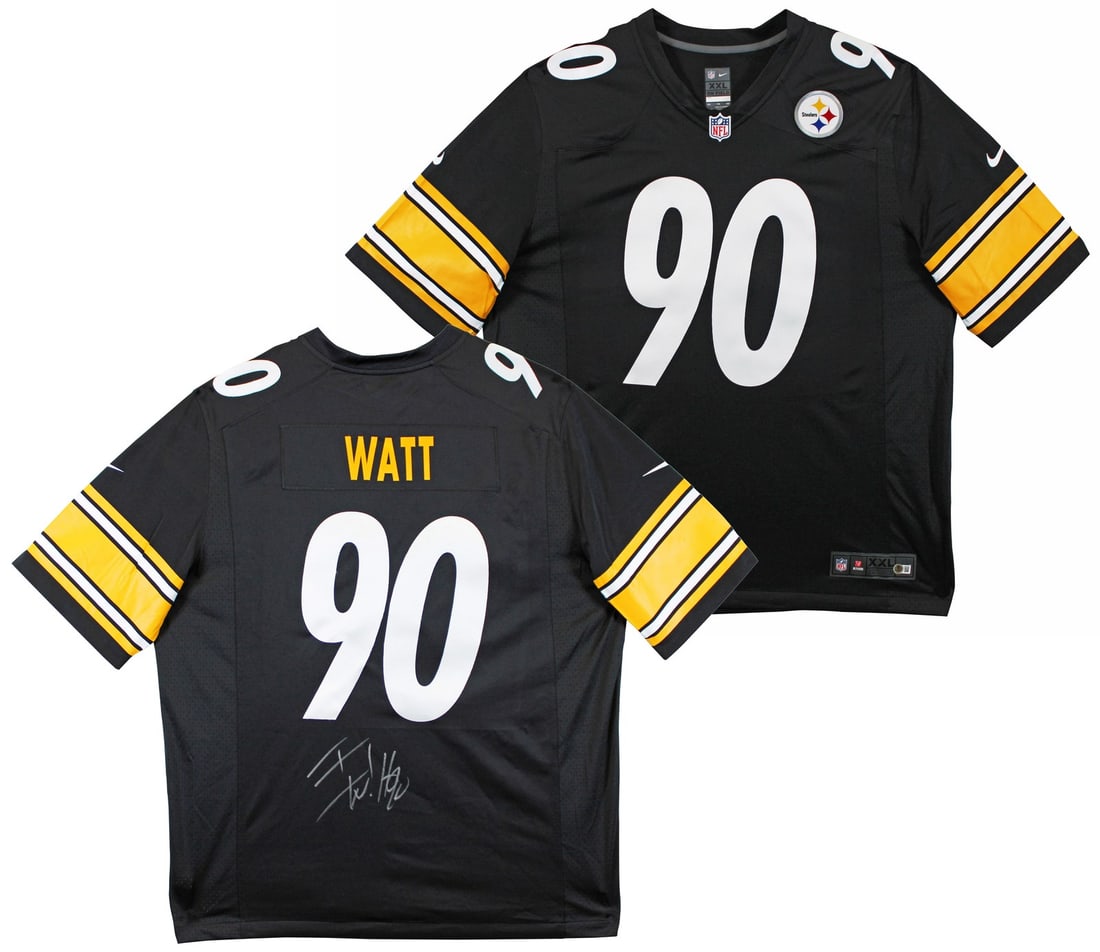 T.J. Watt Signed Black Nike Limited Jersey with Silver Signature BAS Authenticated: T.J. Watt Signed Black Nike Limited Jersey with Silver Signature BAS Authenticated This authentic black Nike Limited Jersey features the signature of T.J. Watt, star linebacker for the Pittsburgh Stee