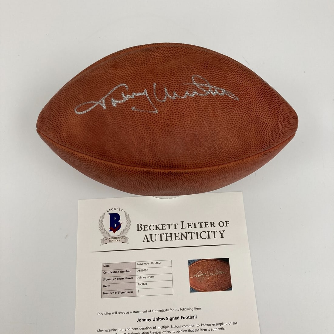 Johnny Unitas Signed Wilson NFL Game Football with JSA Authentication: Johnny Unitas Signed Wilson NFL Game Football with JSA Authentication This is a Wilson NFL Game Football autographed by legendary quarterback Johnny Unitas. The ball features a genuine signature and c