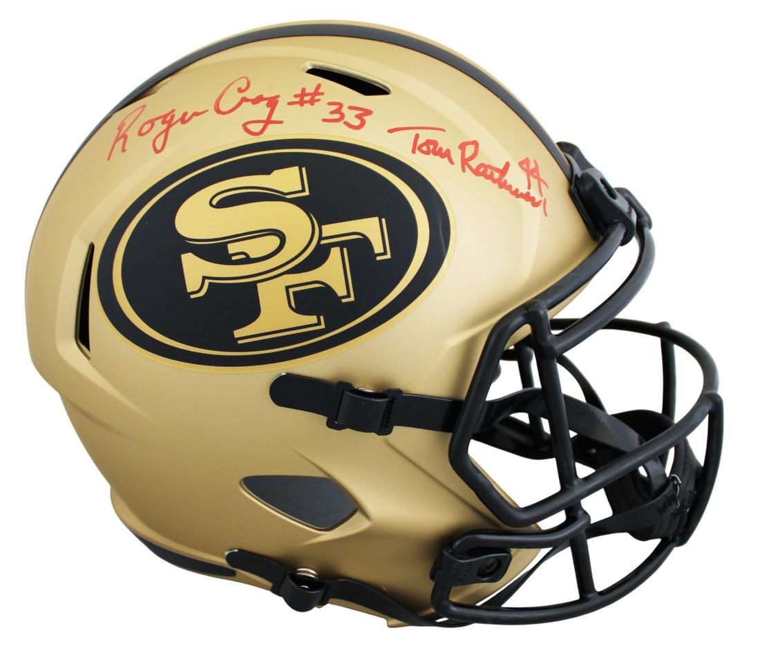 San Francisco 49ers Helmet Signed by Tom Rathman and Roger Craig BAS Witnessed: San Francisco 49ers Helmet Signed by Tom Rathman and Roger Craig BAS Witnessed This San Francisco 49ers full-size Speed Replica helmet has been hand signed by Tom Rathman and Roger Craig. The autograp