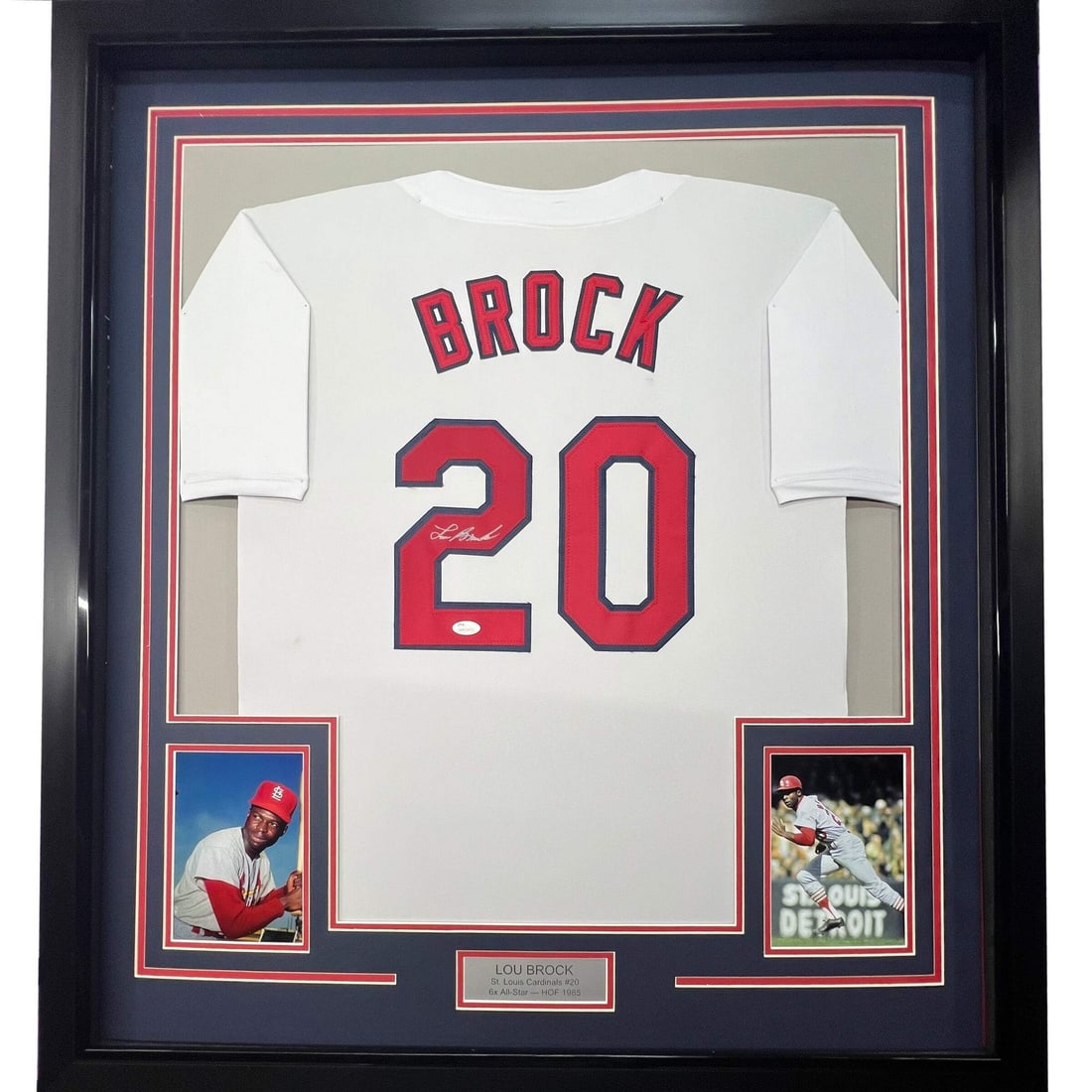 Framed Lou Brock Autographed Jersey St. Louis Cardinals JSA COA 33x42: Framed Lou Brock Autographed Jersey St. Louis Cardinals JSA COA 33x42 This stunning framed autographed jersey features the signature of the legendary Lou Brock, a celebrated player for the St. Louis C