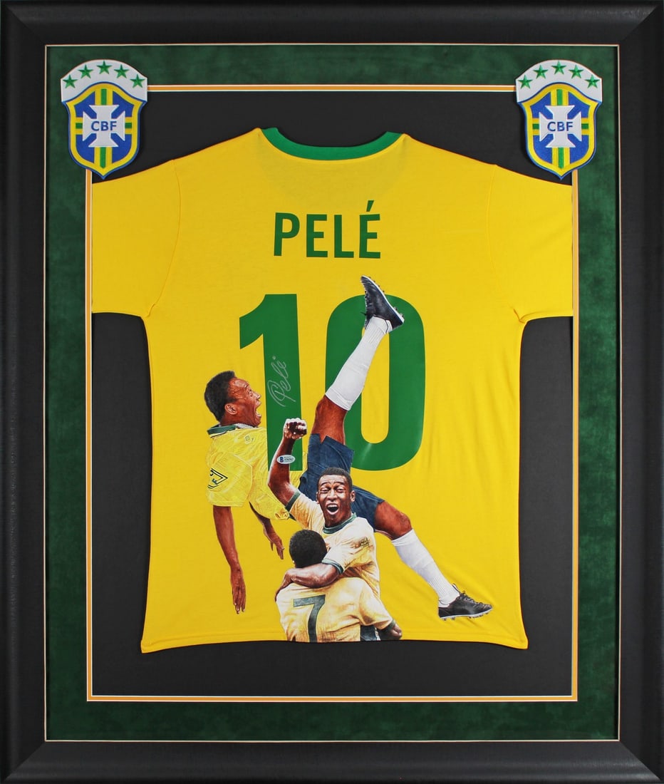 Pele Signed Hand Painted Limited Edition 1/1 Framed Jersey Brazil National Team BAS COA: Pele Signed Hand Painted Limited Edition 1/1 Framed Jersey Brazil National Team BAS COA Celebrate the legacy of soccer legend Pele with this exclusive, hand-painted framed jersey by artist William Zav
