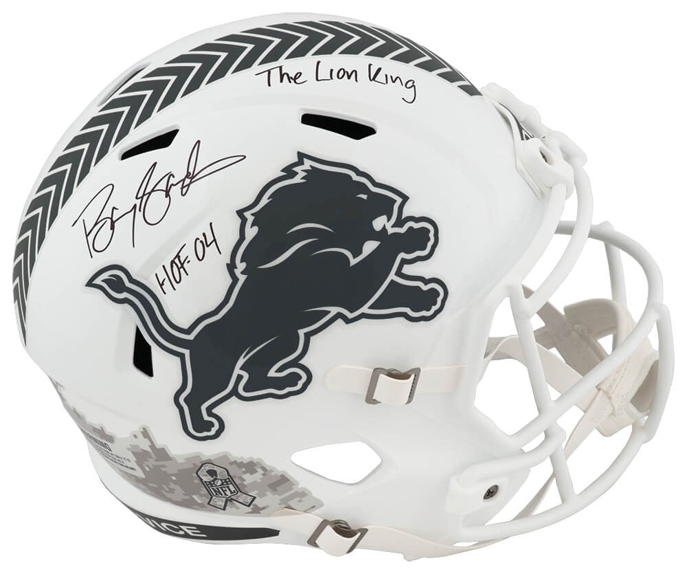 Barry Sanders Signed Detroit Lions Riddell Helmet with HOF 04 Inscription: Barry Sanders Signed Detroit Lions Riddell Helmet with HOF 04 Inscription This is a signed Detroit Lions Salute 2024 white Riddell full-size speed replica helmet, featuring the inscriptions 'HOF 04' a