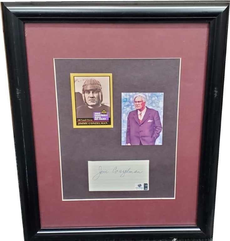 Jimmy Conzelman Autographed Framed Cut with 2 Cards NFL HOF: Jimmy Conzelman Autographed Framed Cut with 2 Cards NFL HOF This item features a hand-signed cut of NFL Hall of Famer Jimmy Conzelman, custom framed along with two cards showcasing his legacy with the