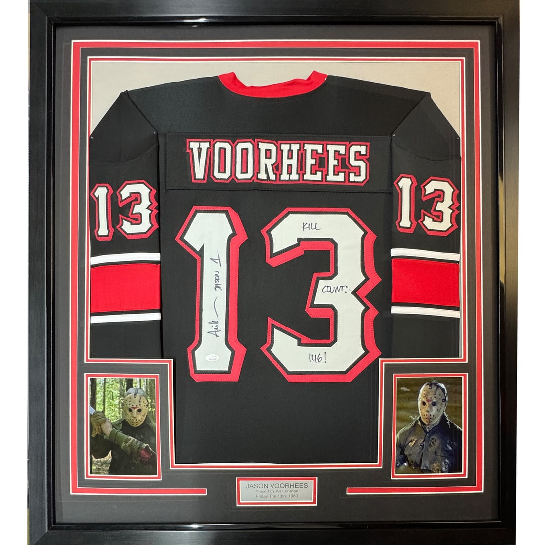 Ari Lehman signed Jason Voorhees framed black jersey JSA COA: Ari Lehman signed Jason Voorhees framed black jersey JSA COA This framed display features a black jersey autographed by Ari Lehman, known for his role as Jason Voorhees. The jersey is professionally f