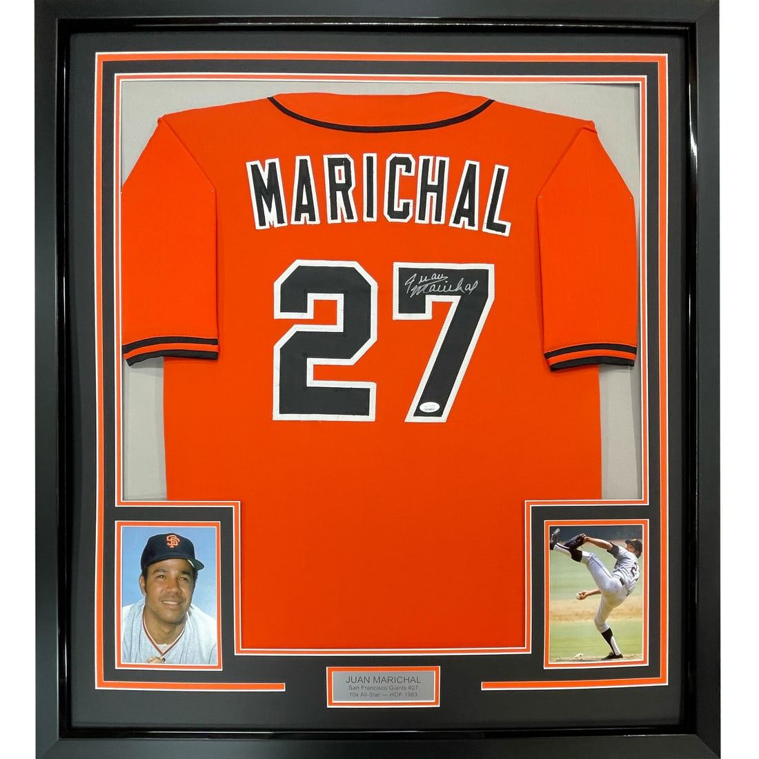 Framed Juan Marichal signed Giants jersey with JSA COA 33x42: Framed Juan Marichal signed Giants jersey with JSA COA 33x42 This professionally framed and matted San Francisco Giants orange jersey is autographed by Juan Marichal. The display includes two 8x10 pho
