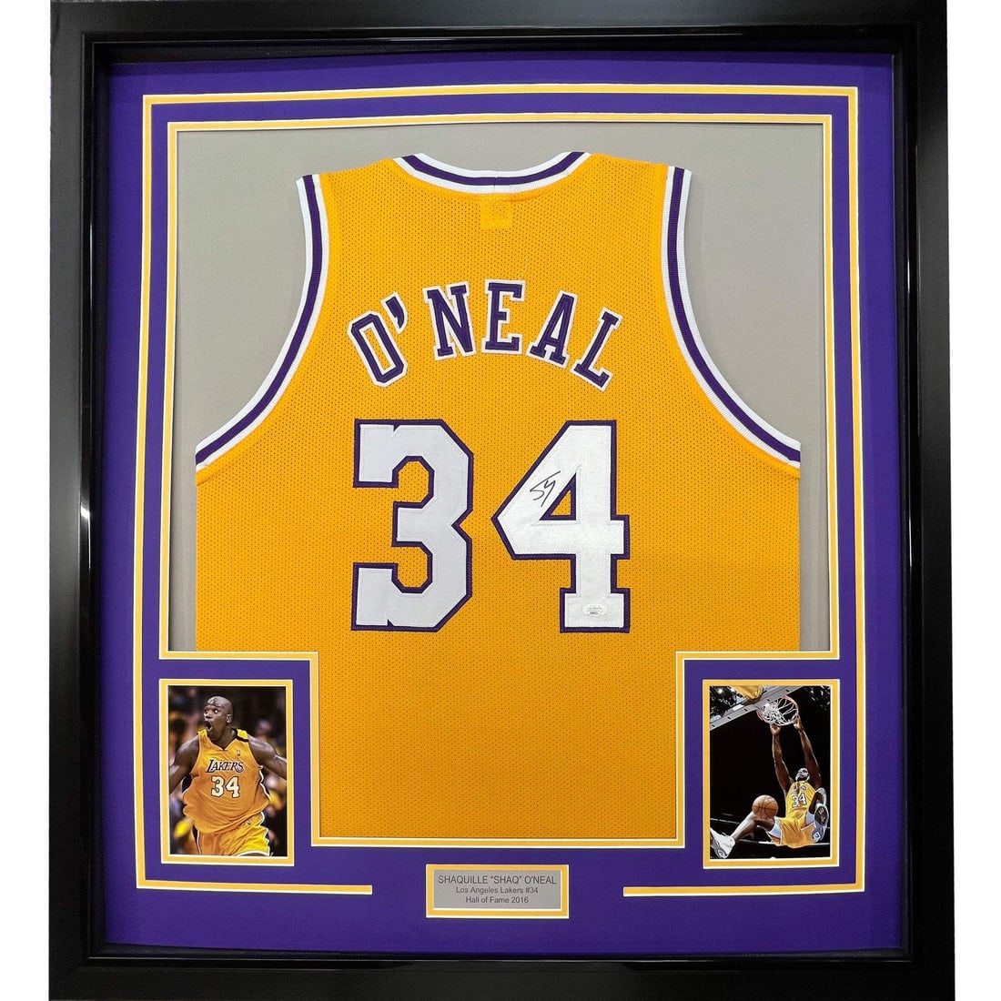 Framed Autographed Shaquille O'Neal Lakers Jersey with BAS COA: Framed Autographed Shaquille O'Neal Lakers Jersey with BAS COA Showcase your love for basketball with this professionally framed autographed Shaquille O'Neal jersey. Measuring 33"x42", this vibrant ye