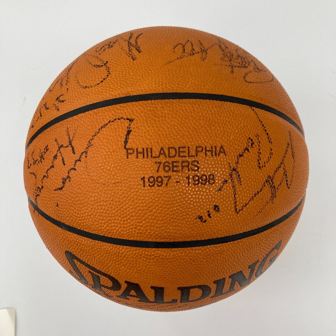 1997-98 Philadelphia 76ers Team Signed Basketball Allen Iverson Rookie JSA Authenticated: 1997-98 Philadelphia 76ers Team Signed Basketball Allen Iverson Rookie JSA Authenticated Celebrate basketball history with this authentic 1997-98 Philadelphia 76ers team signed game basketball. This S
