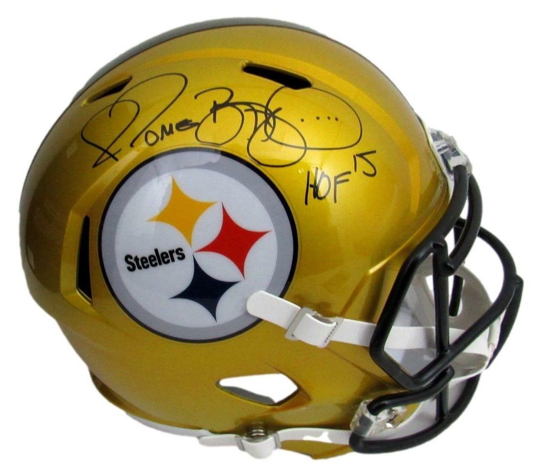 Jerome Bettis HOF Signed Steelers Gold Flash Helmet JSA: Jerome Bettis HOF Signed Steelers Gold Flash Helmet JSA Offered is a Jerome Bettis Hall of Fame (HOF) signed and inscribed "HOF 15" Pittsburgh Steelers full-size gold flash replica football helmet. Th