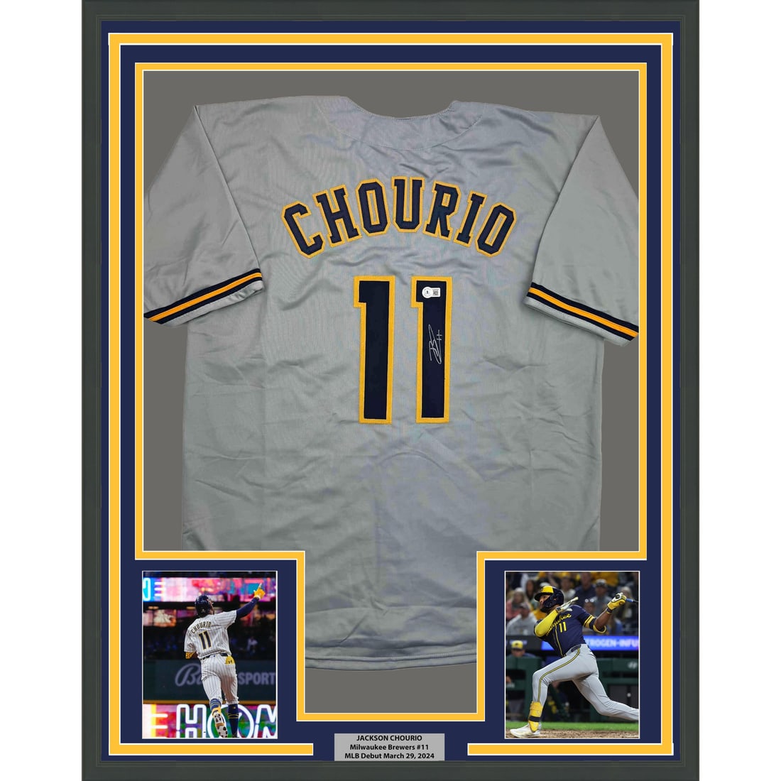 Jackson Chourio Signed Milwaukee Brewers Jersey Framed 35x39 With Beckett COA: Jackson Chourio Signed Milwaukee Brewers Jersey Framed 35x39 With Beckett COA This framed Milwaukee grey jersey has been autographed by Jackson Chourio and authenticated by Beckett Grading Services. T