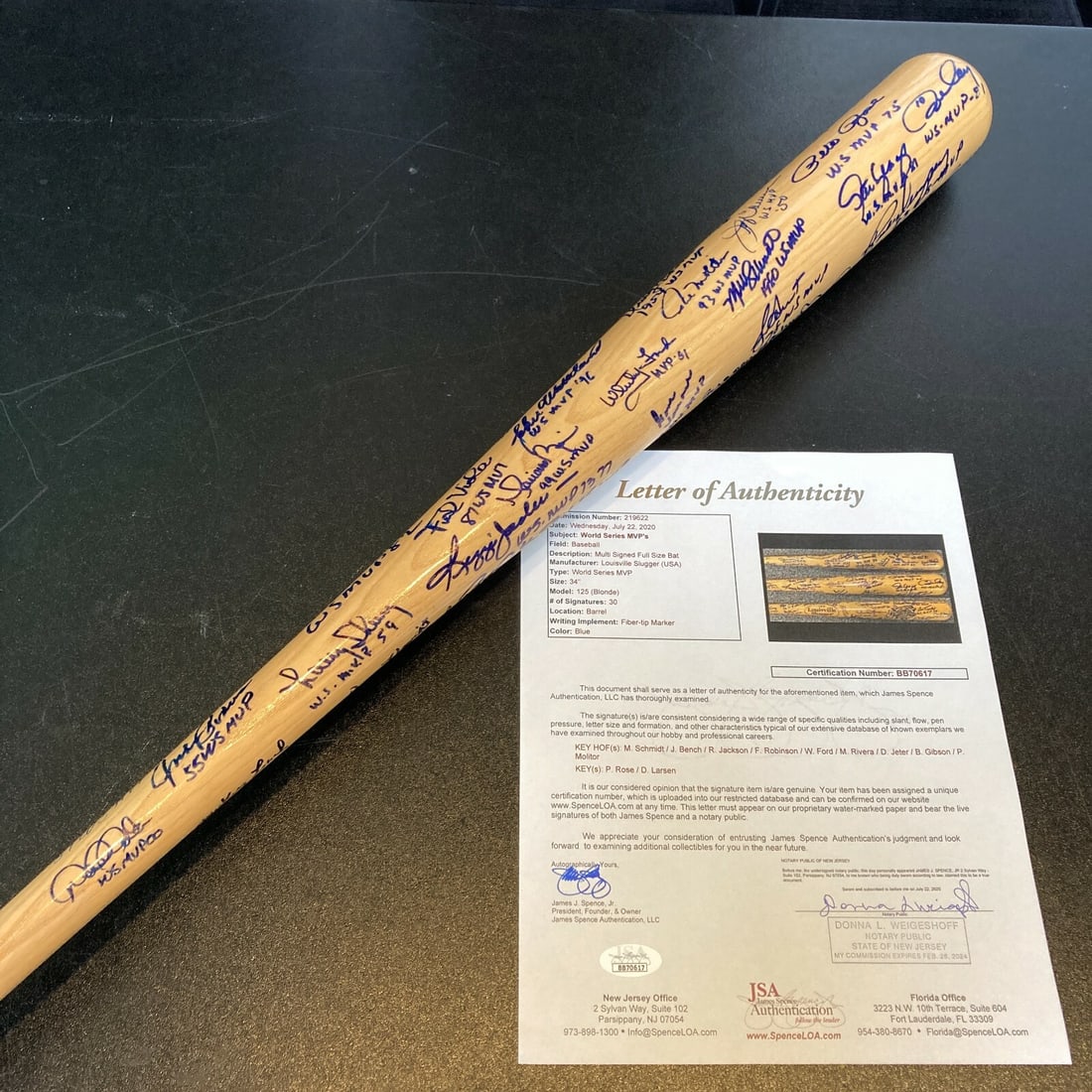 Limited Edition Multi Signed World Series MVP Bat 34 With Derek Jeter JSA COA: Limited Edition Multi Signed World Series MVP Bat 34 With Derek Jeter JSA COA This exquisite Louisville Slugger bat is a must-have for any baseball enthusiast, showcasing the signatures of over 40 leg
