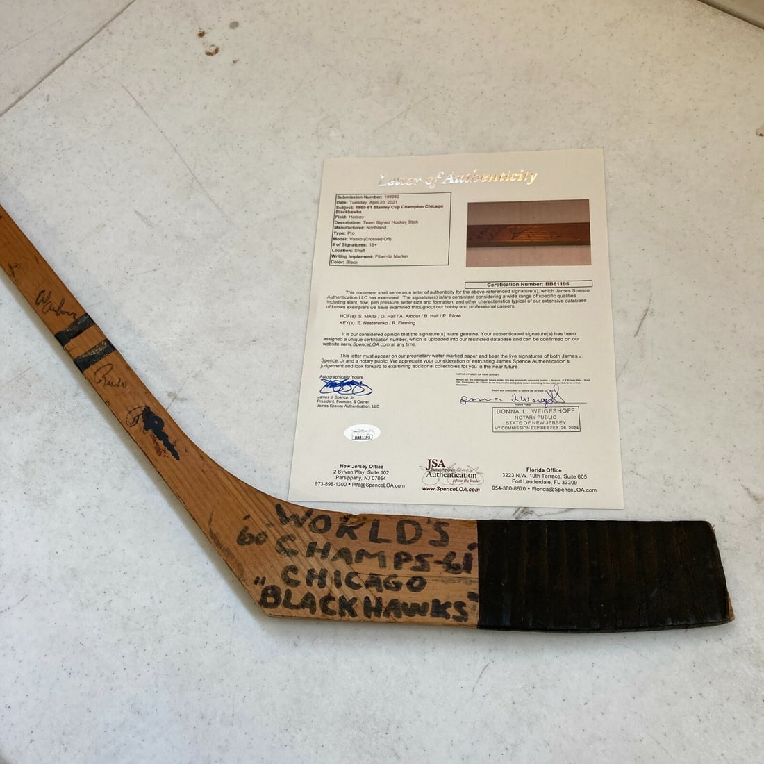 Chicago Blackhawks 1960-61 team signed game used hockey stick JSA (1 of 12)