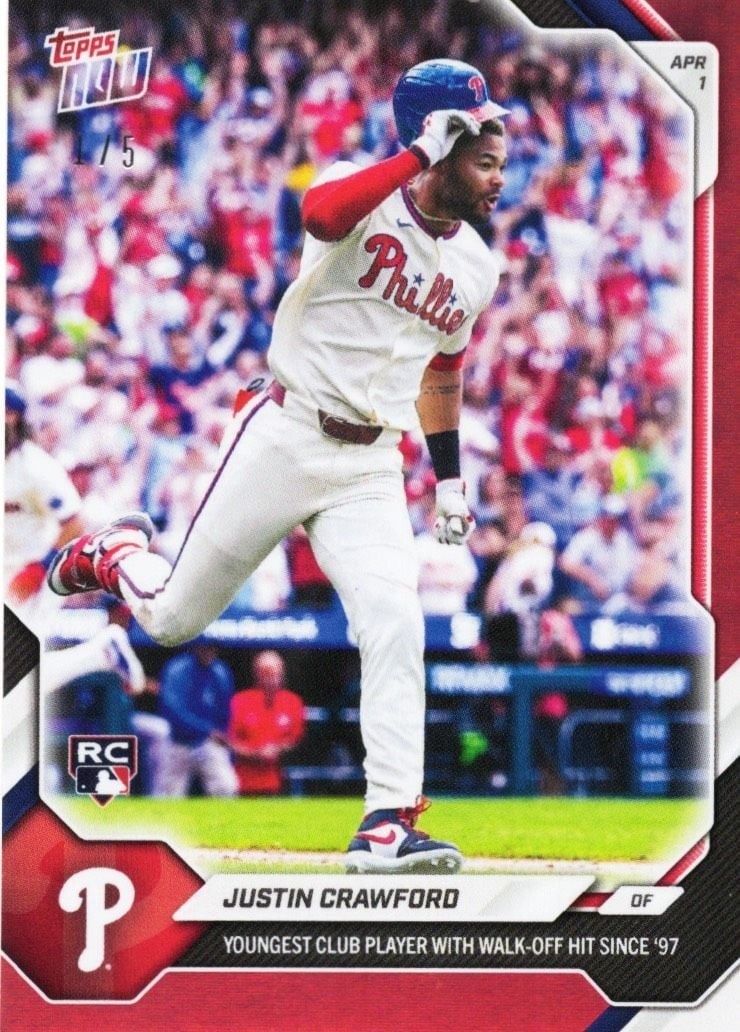 Justin Crawford Topps Now Red Foil Rookie Card #39 /5: Justin Crawford Topps Now Red Foil Rookie Card #39 /5 This is a 2026 Topps Now Justin Crawford #39 Red Foil Rookie baseball card, featuring the Philadelphia Phillies player. The card is part of the Re