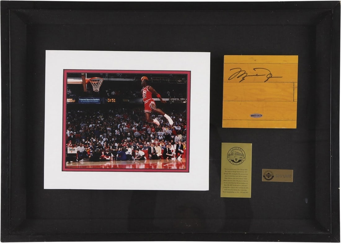 Michael Jordan signed Chicago Stadium floor display Upper Deck 501 of 1000: Michael Jordan signed Chicago Stadium floor display Upper Deck 501 of 1000 Celebrate the legacy of basketball legend Michael Jordan with this extraordinary piece of sports memorabilia. This is a game-