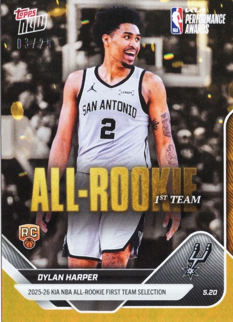 Dylan Harper AR04 Topps Now Orange Foil /25 Rookie Basketball Card: Dylan Harper AR04 Topps Now Orange Foil /25 Rookie Basketball Card 2025 Topps Now Dylan Harper #AR04 Orange Foil /25 rookie basketball card. This pre-owned sports trading card features the Orange Foil