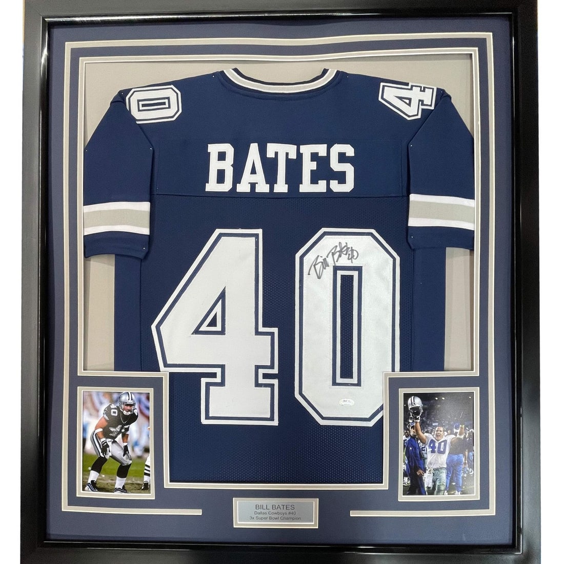 Framed Bill Bates signed Dallas Cowboys jersey with two photos 33x42: Framed Bill Bates signed Dallas Cowboys jersey with two photos 33x42 This is a professionally framed and matted Dallas Cowboys dark blue jersey autographed by Bill Bates. The display includes two 8x10