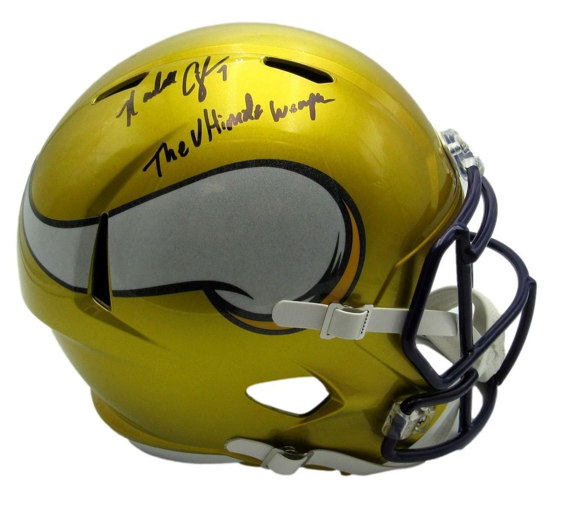 Randall Cunningham Vikings Signed Full Size Gold Flash Helmet JSA Certified: Randall Cunningham Vikings Signed Full Size Gold Flash Helmet JSA Certified This is a Randall Cunningham Minnesota Vikings Signed/Inscribed "The Ultimate Weapon" Full Size Gold Flash Replica Football 