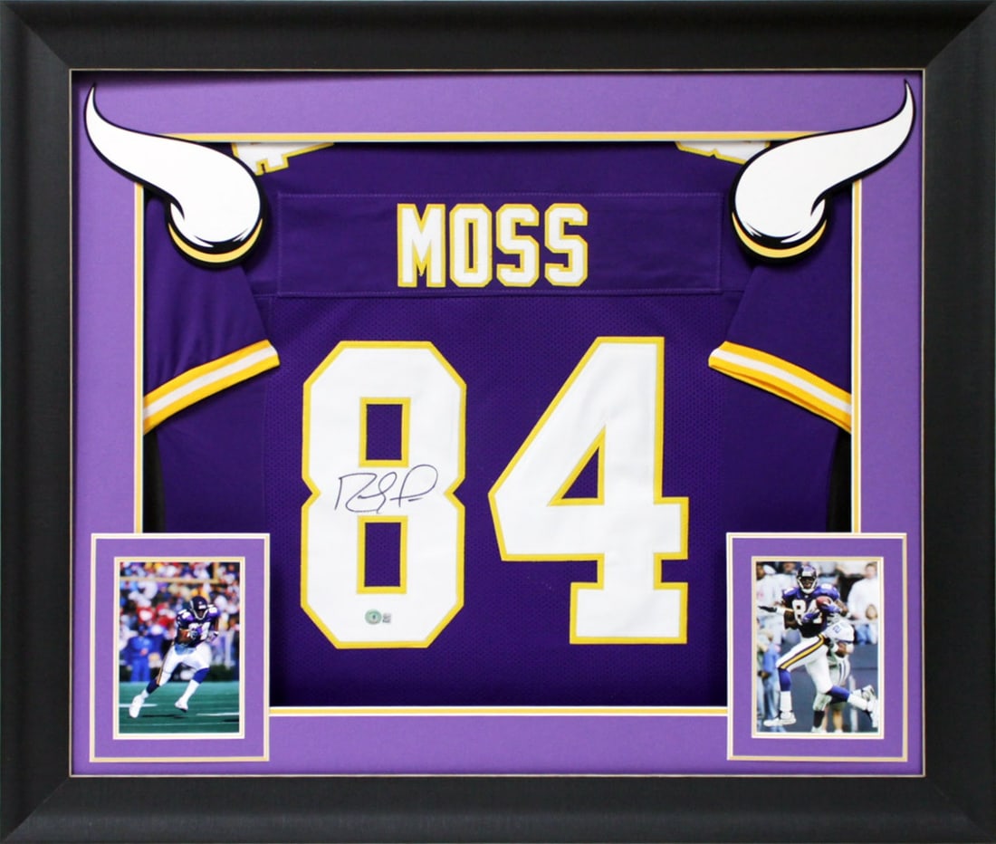 Randy Moss Signed Minnesota Vikings Framed Jersey BAS Witnessed 32 x 37: Randy Moss Signed Minnesota Vikings Framed Jersey BAS Witnessed 32 x 37 This authentic purple pro style framed jersey has been personally signed by Randy Moss, the legendary wide receiver of the Minne