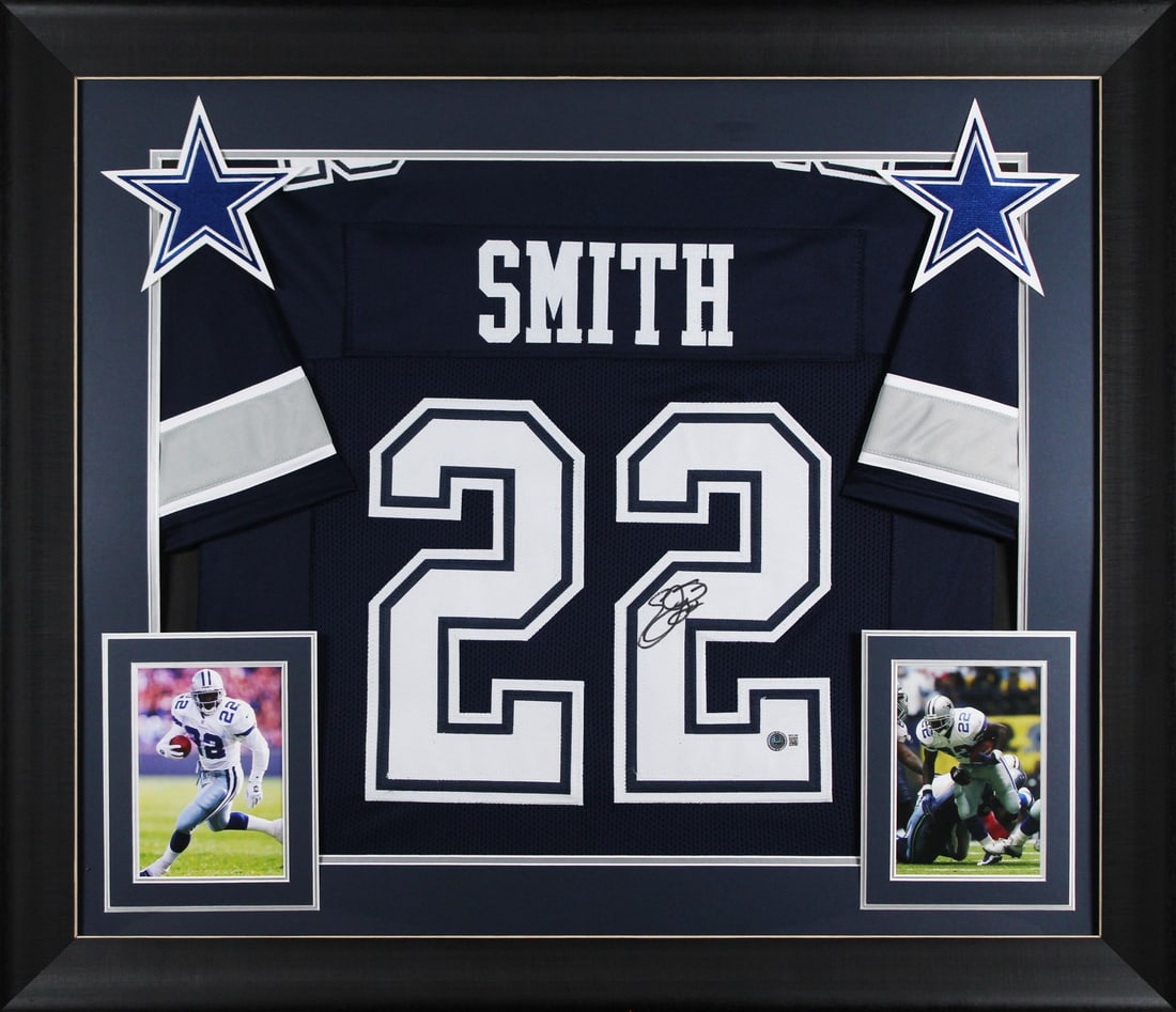Emmitt Smith Signed Navy Blue Framed Jersey Dallas Cowboys BAS Witnessed: Emmitt Smith Signed Navy Blue Framed Jersey Dallas Cowboys BAS Witnessed This authentic Navy Blue Pro Style Framed Jersey has been personally signed by Emmitt Smith, the legendary player of the Dallas