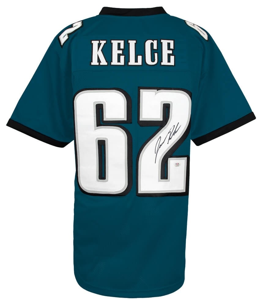 Jason Kelce Signed Green Custom Jersey Philadelphia Eagles PSA COA: Jason Kelce Signed Green Custom Jersey Philadelphia Eagles PSA COA Celebrate your support for the Philadelphia Eagles with this signed green custom football jersey by Jason Kelce. This original piece 
