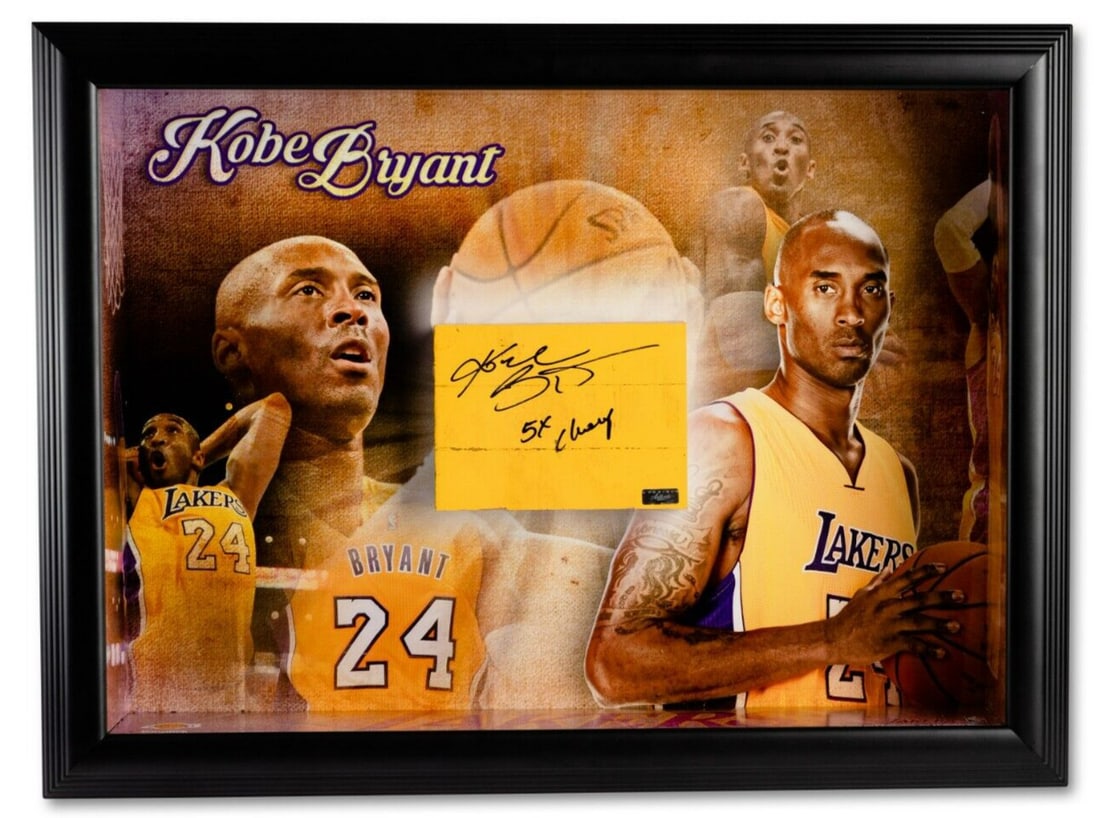 Kobe Bryant Signed 5X Champ Game Used Floor Display PSA DNA COA: Kobe Bryant Signed 5X Champ Game Used Floor Display PSA DNA COA Celebrate the legacy of Kobe Bryant with this exceptional display piece featuring a game-used floor segment from the Staples Center, ins